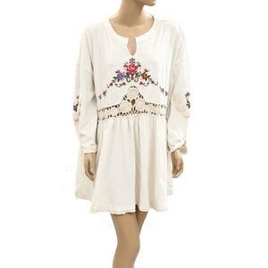 Free People Kennedy Tunic Top Floral Embroidered Ivory Crochet Cotton L 284268